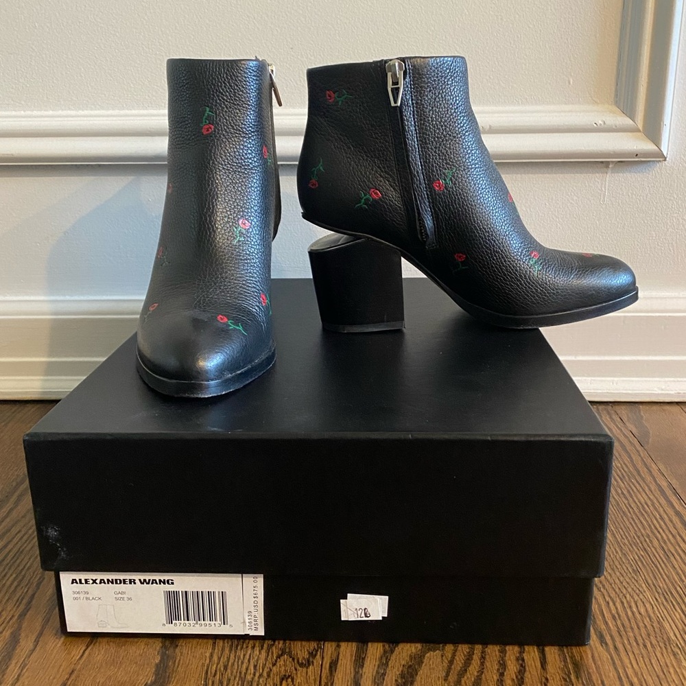 Alexander Wang Gabi booties - black leather with red rose - size 36 / 6